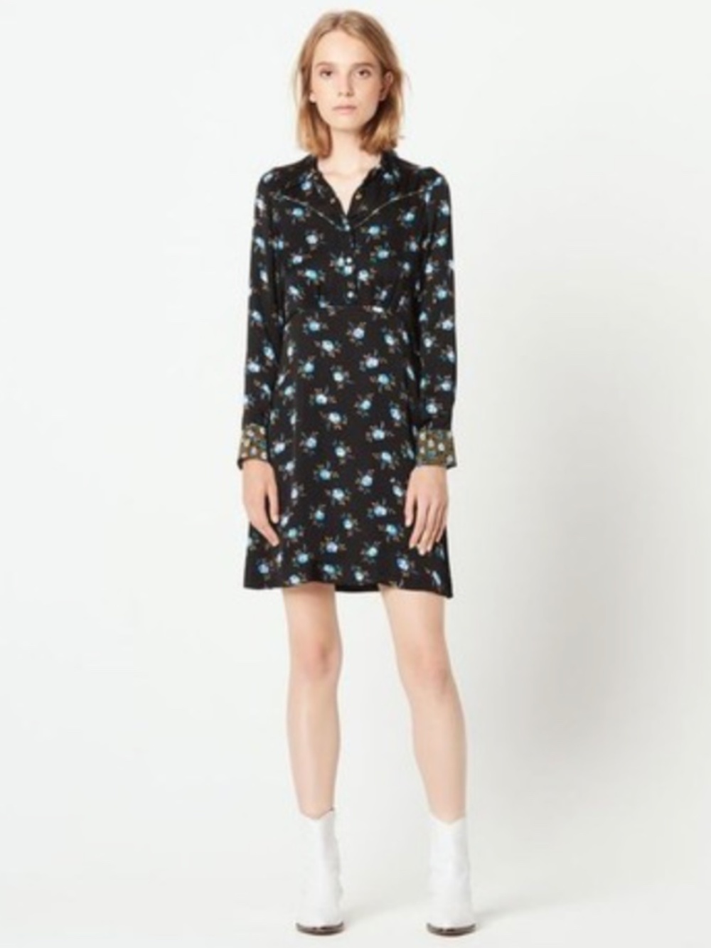 Sandro Black Long-Sleeves Floral Shirt Dress with Blue Rose Print Size 4 - Picture 2 of 16